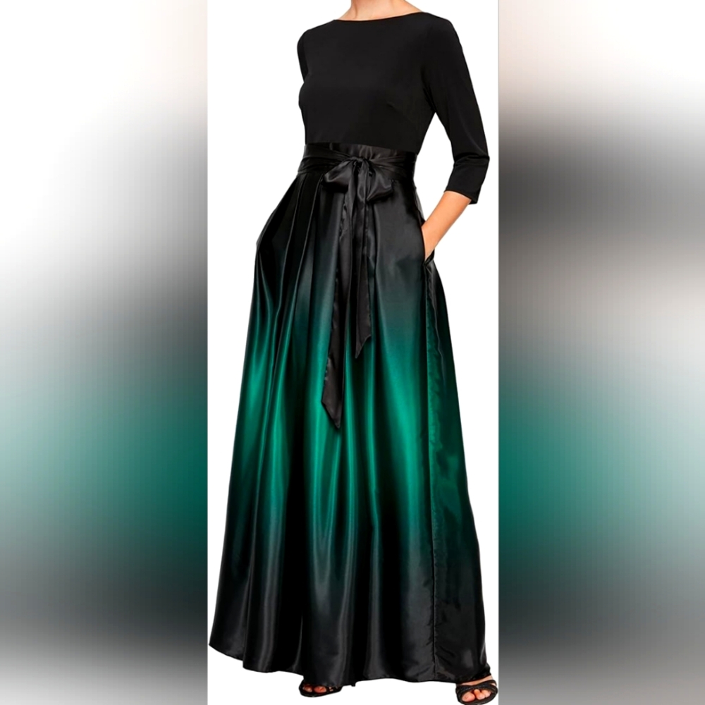 SLNY Ombre Satin Gown (green, tie back, worn once)